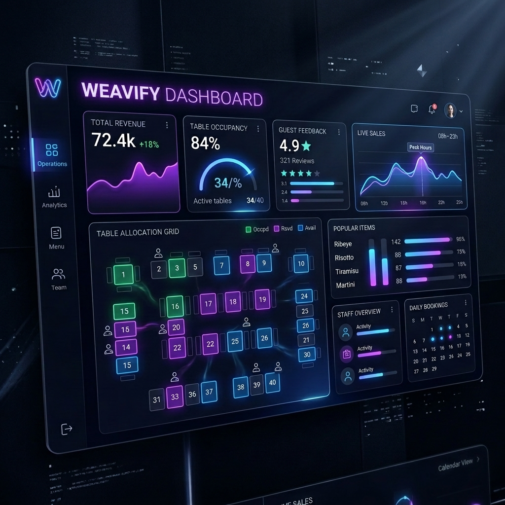 Neon glowing management dashboard visualizing venue availability metrics